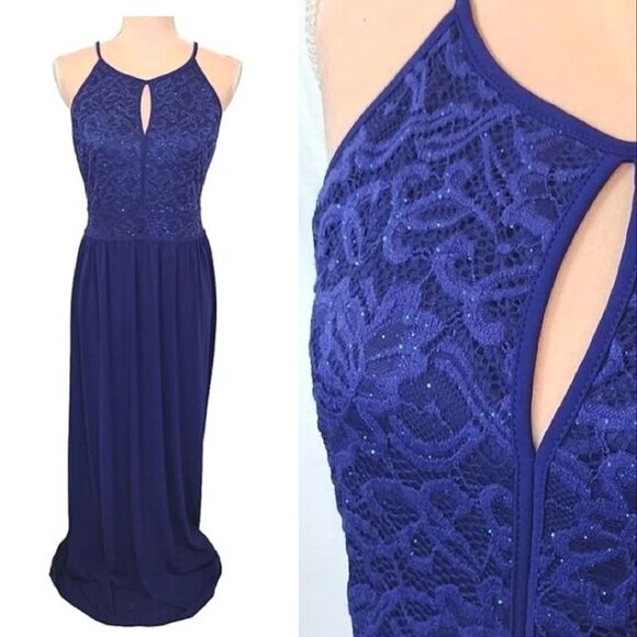 Candalite Blue Lace Sleeveless Keyhole Halter Maxi Evening Dress Medium NWT - Picture 1 of 16